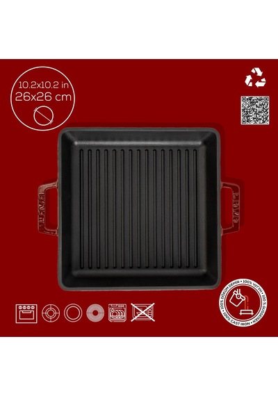 Lava Döküm Kare Izgara Tavası Döküm Demir Yekpare Çift Kulplu Ölçü 26x26cm.-bordo Bordo