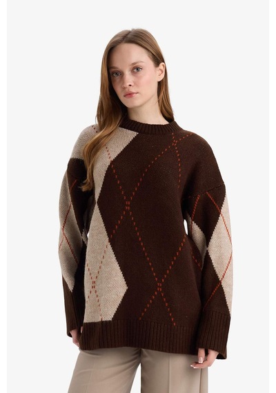 Defacto Regular Fit Bisiklet Yaka Baklava Desenli Triko Kazak Tunik G0711ax25wnbn341 Kahve-bn341