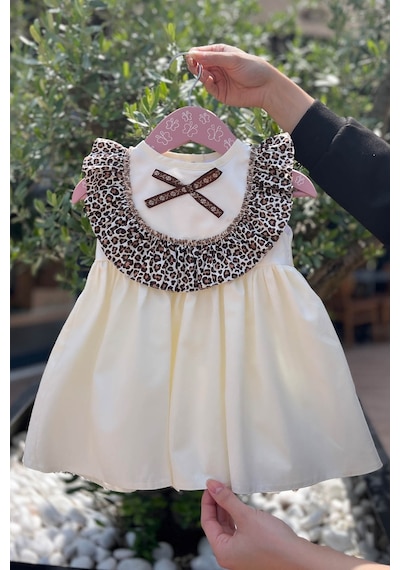 Leopar Fırfırlı Kız Çocuk Bebek Ekru Pamuk Elbise 001