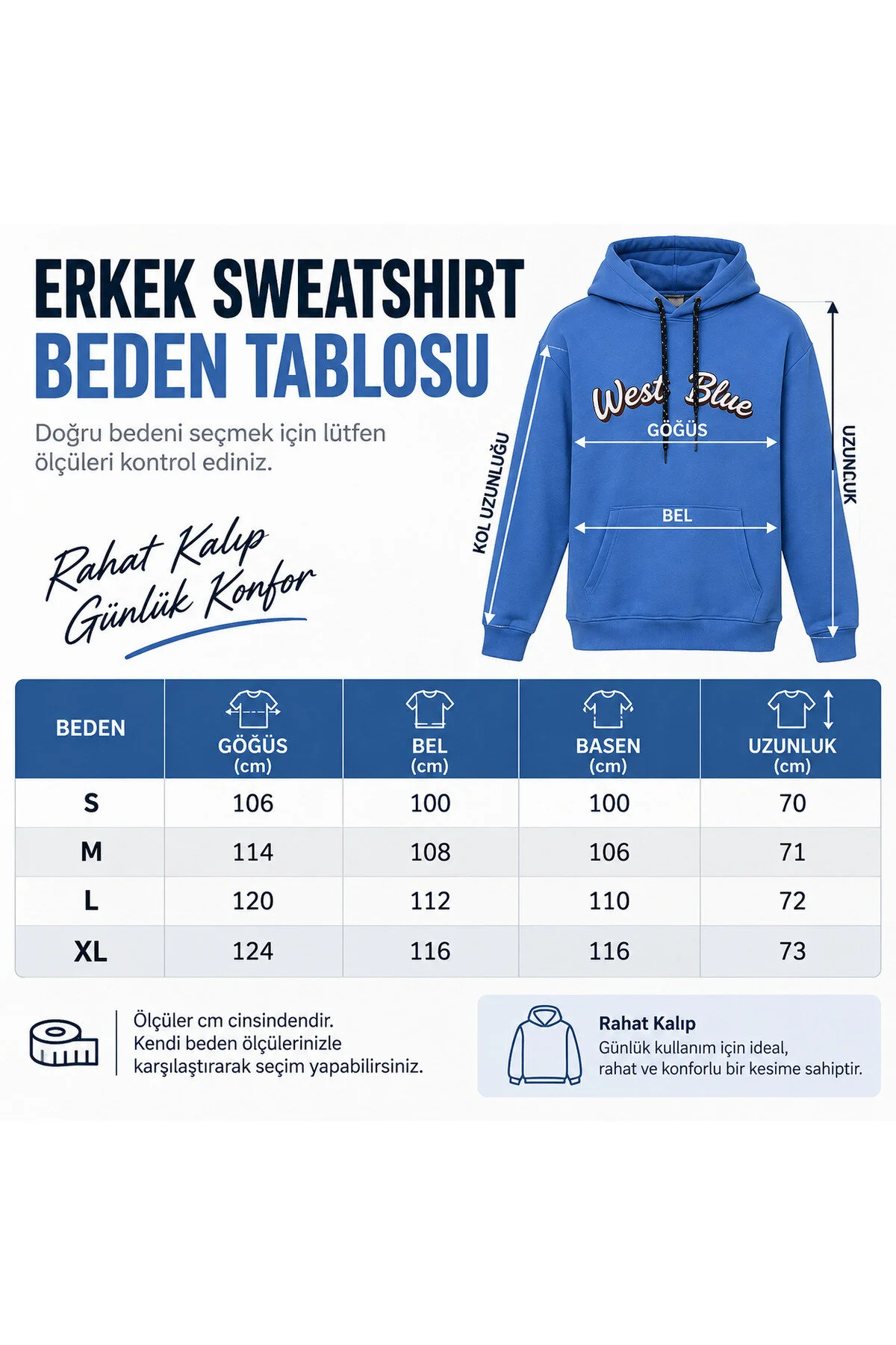 Neco Giyim Unisex Kapüşonlu Mavi Sweatshirt Kanguru Cepli Pamuklu Regular Fit Günlük Spor Sweat