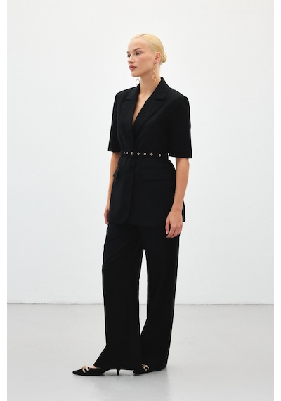 Sateen Bol Paça Keten Pantolon - Siyah-136411 Siyah