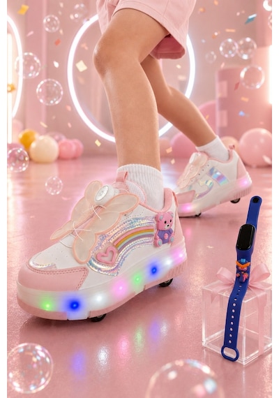 Muggo Colourful Çocuk Işıklı Patenli Tekerlekli Sneaker Spor Ayakkabı Pudra