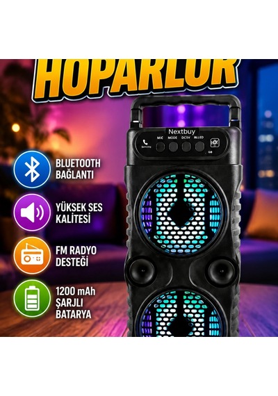 1200 Mah Şarjlı Bluetooth Hoparlör Led Işıklı, Fm Radyo, Usb Ve Hafıza Kartı Destekli