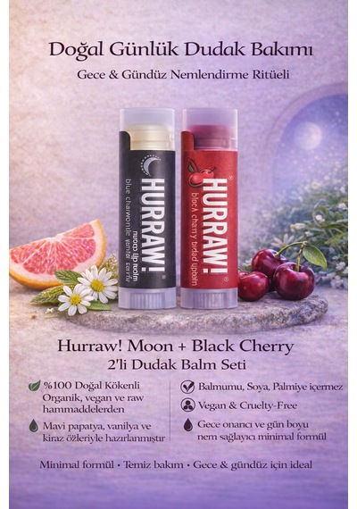 Hurraw Moon + Black Cherry Dudak Balm Seti 2 Li Gece Onarıcı & Doğal Renkli Dudak Bakımı % 100 Doğal