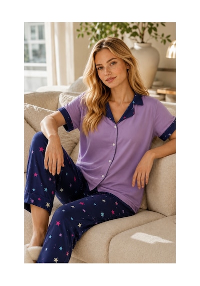 Rindahomewear Kadın Milan Düğmeli Pijama Takımı Mor