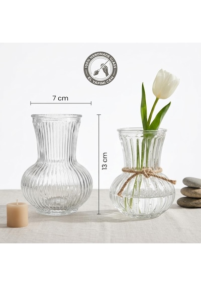 Deconox Pure Model El Yapımı Üfleme Cam Küçük Vazo - Şeffaf Optikli Dekoratif Çiçeklik 13x7 Cm Diğer
