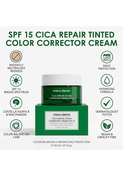 Maruderm Cica Cilt Tonu Eşitleyici Krem Spf 15 Renk Düzeltici Yatıştırıcı Gündüz Kremi, Centella Asiatica & Niasinamid İle, 30 Ml Çok Renkli