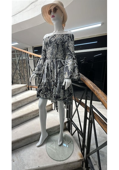 Eren Style Yapraklı Desenli Madonna Yaka İpek Elbise-10348 Gri