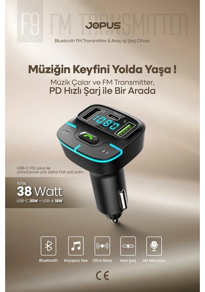 Bluetooth Fm Transmitter Araç Kiti, Hızlı Şarj, Usb, Type-c, Hd Mikrofon, 9914