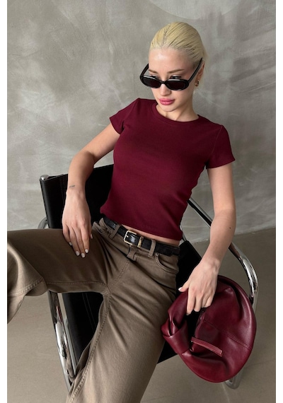 Bordo Geniş Yaka Fittili Basic Kadın T-shirt Mg2293 Bordo
