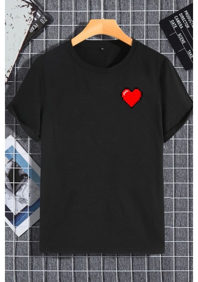 Unisex Kadın Erkek Kalp Piksel Baskılı Oversize T-shirt Siyah Mck2264 Siyah