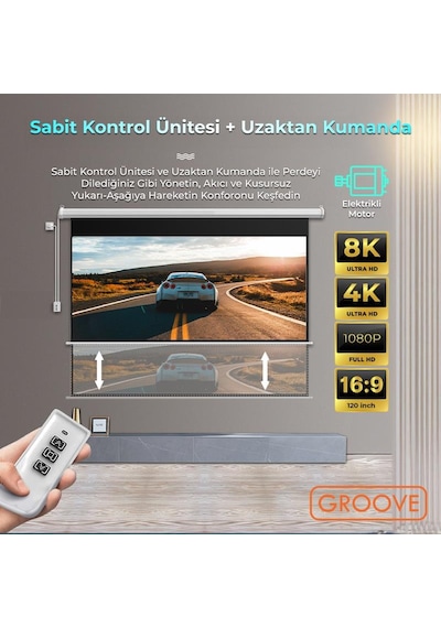 Groove Vizio Pro 120 Inch Blackout Işık Geçirmez Elektrikli Otomatik Kumandalı Projeksiyon Perdesi 265x150cm +motorlu+canlı Renkler+göz Koruması+leke Tutmaz Projector