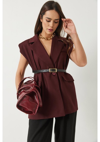 Shade Kadın Cep Detaylı Kemerli Vatkalı Oversize Astarlı Blazer Yelek 11143 60281003 - Bordo