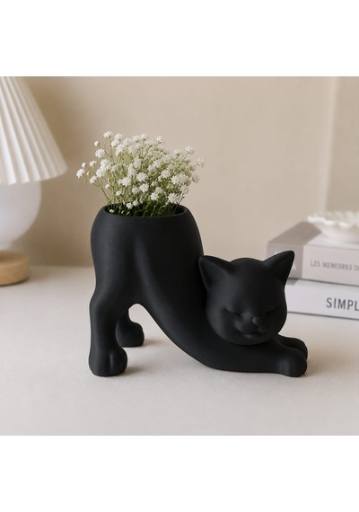 Kedi Figürlü Mini Saksı Dekoratif Saksı Siyah
