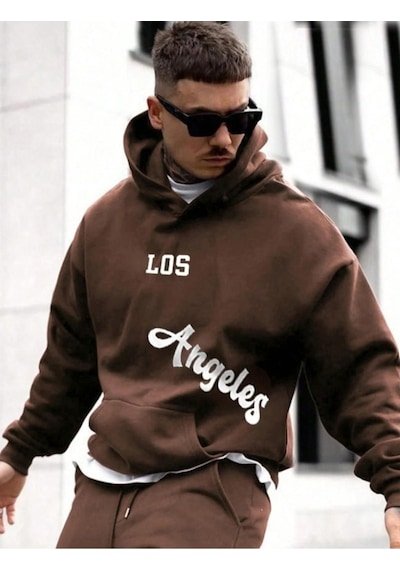 Altamira Erkek Kahverengi Los Angeles Baskılı Oversize Kapşonlu Sweatshirt 001