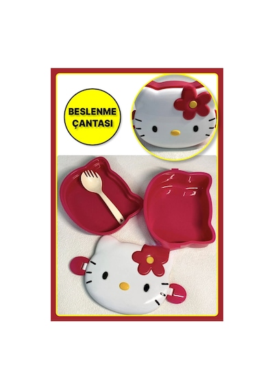 Kawaii 3d Hello Figür Kabartmalı 2 Katlı Çatal Ve Kaşıklı Kilitli Beslenme Çantası Kutusu