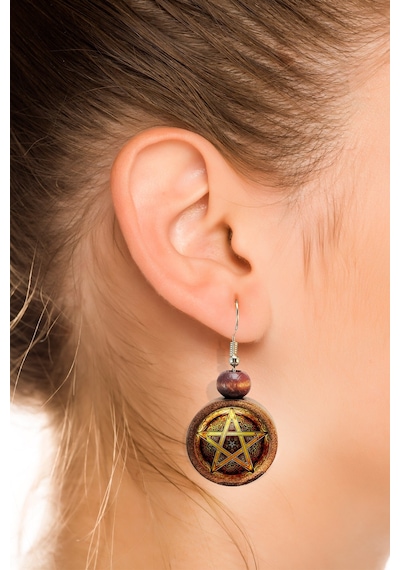 Pentagram Yıldızı Ahşap Küpe Kahverengi