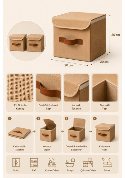 2li Kapaklı Jüt Organizer Kutu Seti 20x20x20 Cm Katlanabilir Düzenleme Kutusu Organizer Seti Dolap, Raf Ve Banyo Düzeni İçin Doğal