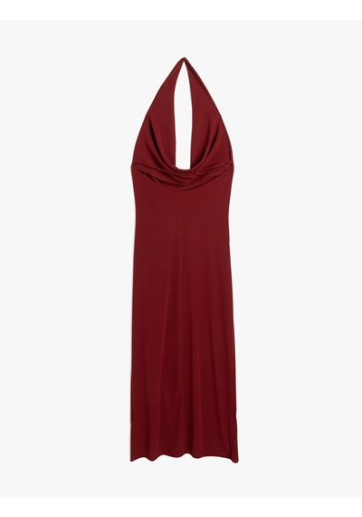 Koton Kolsuz Slim Fit Midi Boy Degaje Yaka Dekolte Elbise Bordo 5sak80064ek Bordo