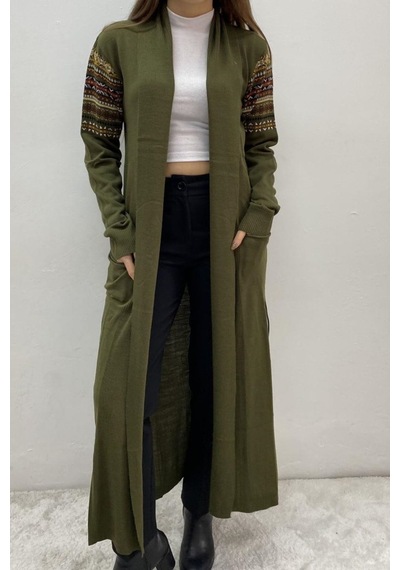 Onno Style Women Kilim Desen Uzun Hırka Haki