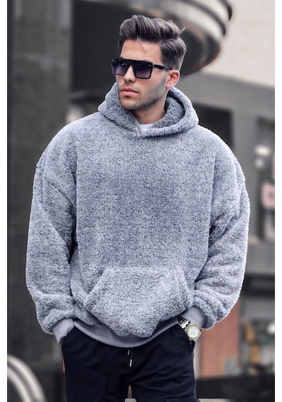 Madmext Gri Peluş Kapüşonlu Erkek Sweatshirt 6050 Gri