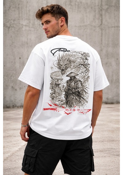 Yolo Street Japon Dragon Baskılı Oversize Erkek Tişört %100 Pamuk Streetwear Beyaz111
