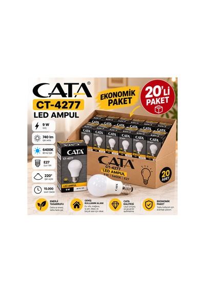 Ct-4277 9w E27 Led Ampul 6400k Beyaz Işık 740 Lümen 20 Li Ekonomik Paket