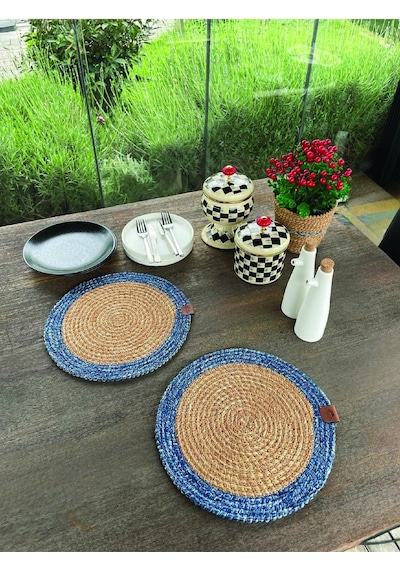 2 Kişilik Yuvarlak Amerikan Servis - Supla Naturel-mavi 33x33 Cm Naturel/ Mavi