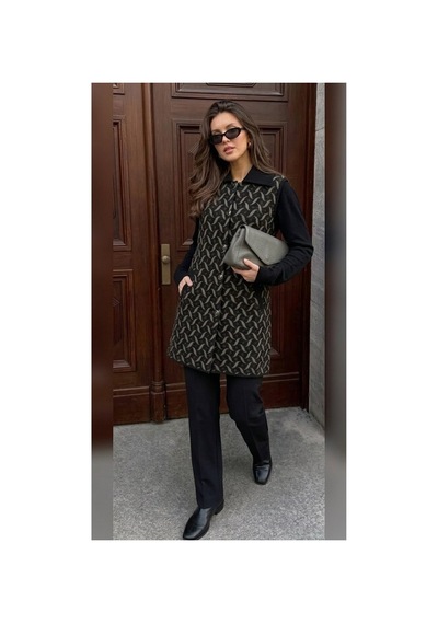 Onno Style Women Desenli Çelik Örgü Uzun Triko Kadın Yelek Kaban Siyah