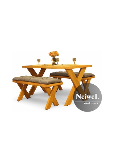Neiwel Garden Aksa Doğal Ahşap Banklı Bahçe Masa Takımı-120-240 Takım Açık Ceviz