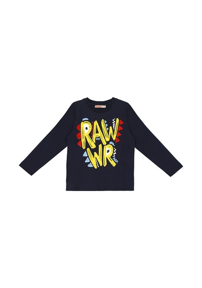 Erkek Çocuk Kışlık Dinozor Desenli Pamuklu Lacivert Uzun Kollu 2 Parça T-Shirt Pantolon Takımı 2-8 Yaş