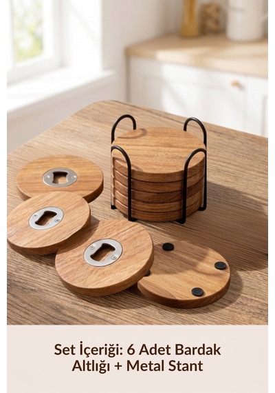 Ahşap Bardak Altlığı 6'lı Set Ahşap Şişe Açacaklı Stantlı Bardak Altlığı Sunum Seti Bardakaltligi, One Size
