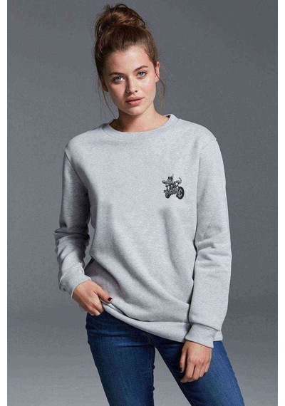 Siyah Motorsiklet Kuru Kafa Göğüs Baskılı Gri Kadın Sweatshirt