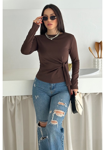 Noa & Noa Kadın Belden Bağlamalı Uzun Kollu Bluz Minimal & Şehirli Stil Kahverengi