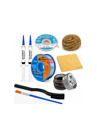 Lehimleme Seti 0,8 Mm 40 Gr Lehim Teli 2 Li Flux Cp-2515 Lehim Fitili Fırça Ve Havya Ucu Temizleme Seti St09