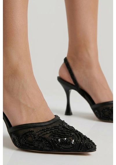 Fox Shoes Y726493615 Siyah File Pullu İşlemeli İnce Topuklu Ayakkabı Siyah