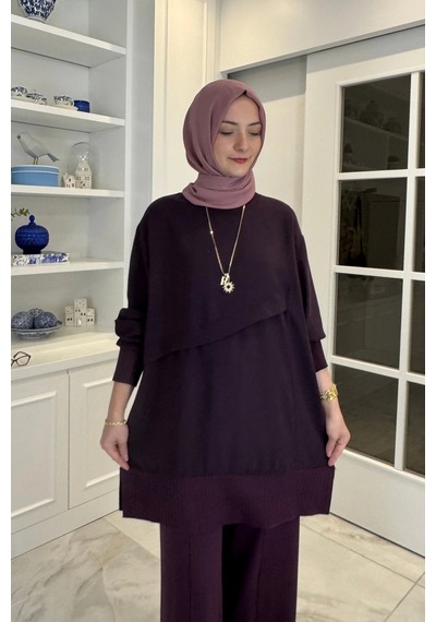 Rabia Şamlı Miray Triko-modal Pantolonlu Takım Mürdüm Normal