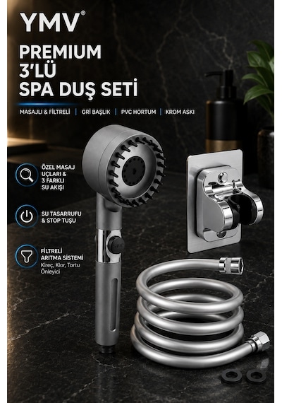 Ymv Premium Spa 3 Lü Filtreli Masajlı Duş Seti Fonksiyonlu Duş Başlığı, 150 Cm Pvc Duş Hortumu Ve Duş Askısı Gri