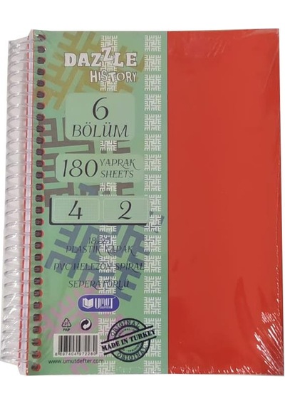 Orta Boy 4+2 Ayraçlı Defter 6 Konulu 180 Yaprak 1 Adet 4 Kareli 2 Çizgili Spralli Plastik Kapak Seperatörlü 18x25 Cm Kırmızı