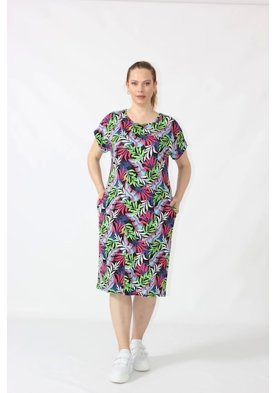 Moda Berray 3281 Çiçek Desenli Penye Kumaş Cepli Büyük Beden Mevsimlik Elbise Yeşil