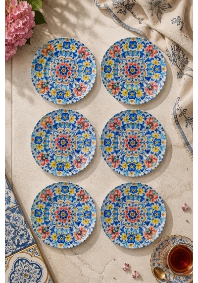 6 Lı Cam Çay Tabağı - Çini Çiçek Desenli 12 Cm - 6 Adet Çay Tabak Lacivert