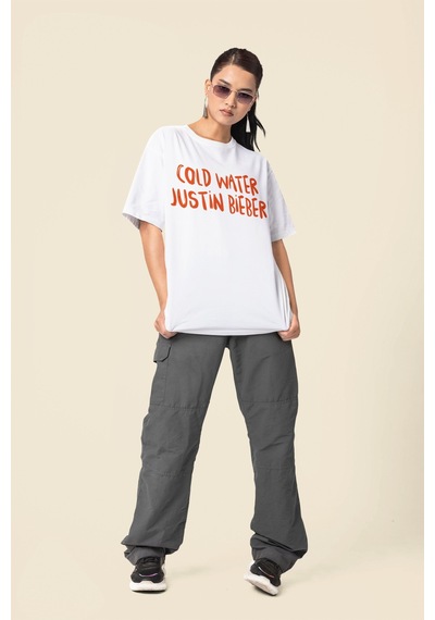 Sevbano Cold Water Justin Bieber Sırt Baskılı Unisex Oversize Şarkıcı Tiş Beyaz