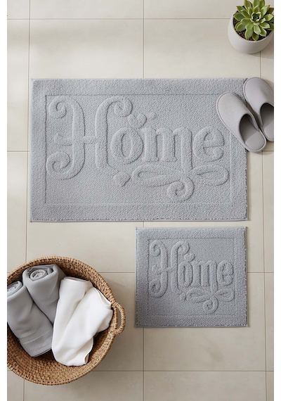 Açık Gri Home Kabartmalı Pamuklu 2 Li Banyo & Klozet Paspas Takımı Gri