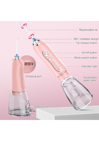 Şarjlı Kablosuz Ağız Duşu, Hızlı Ve Etkili Diş Arası Temizliği 300 Ml Su Hazneli, 5 Modlu, 6 Başlıklı, Ipx7 Su Geçirmez, Diş Taşı Temizliği, Pembe 06261151