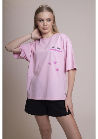 Afloow Muse Oversize Pembe Yıldız Baskılı Tişört %100 Pamuk Trendy, Rahat Ve Şık Unisex Günlük Giyim Pembe