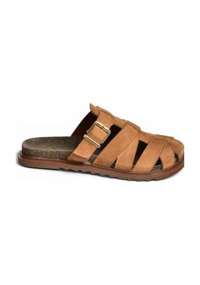 Fox Shoes Y596549502 Taba Süet Tokalı Önü Kapalı Kadın Terlik