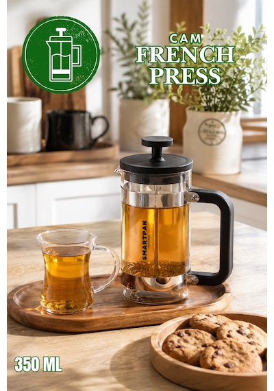 Porsima Smartpan Bv008 French Press Paslanmaz Çelik Süzgeçli Cam Bitki Çayı Demliği Kahve Presi - 350 Ml Siyah