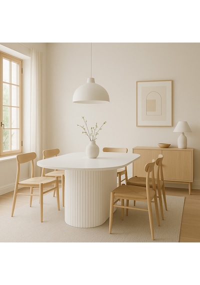Dolunay 180x90x75cm 36mm Kalın Kenarlı Oval Beyaz Sütunlu Yemek Masası Sadece Masadır Beyaz