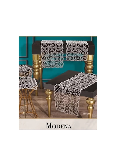 Krem Modena Model 5 Parça Tül İşlemeli Masa Örtüsü Runner Seti No 11242 Çok Renkli