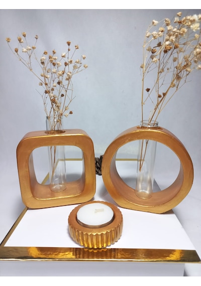 Masaüstü Minimal 2'li Vazo Seti, Yuvarlak-kare Formlu, Cam Tüplü Vazo Gold